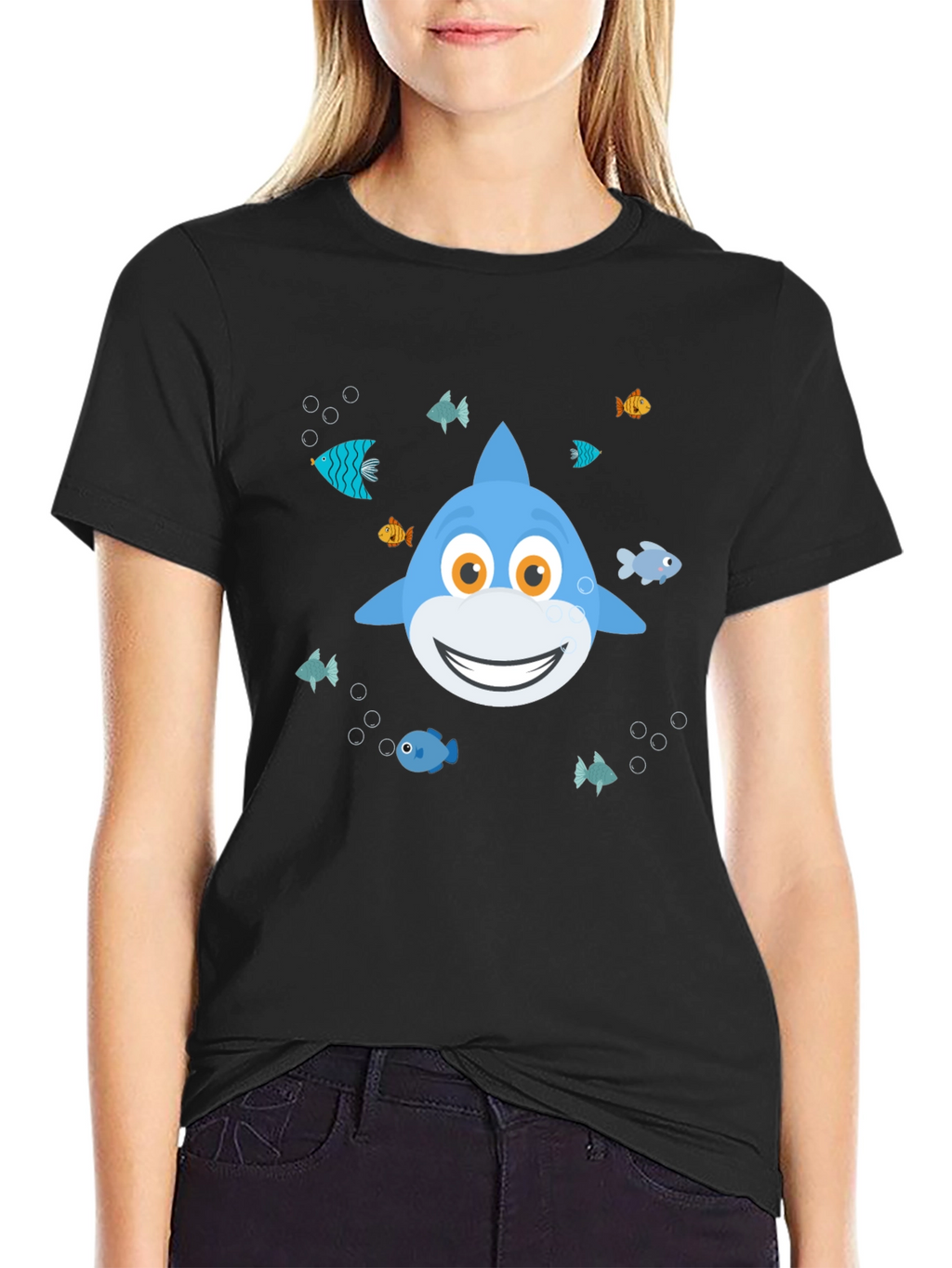 Cute Cartoon Shark Graphic T-Shirt - Black
