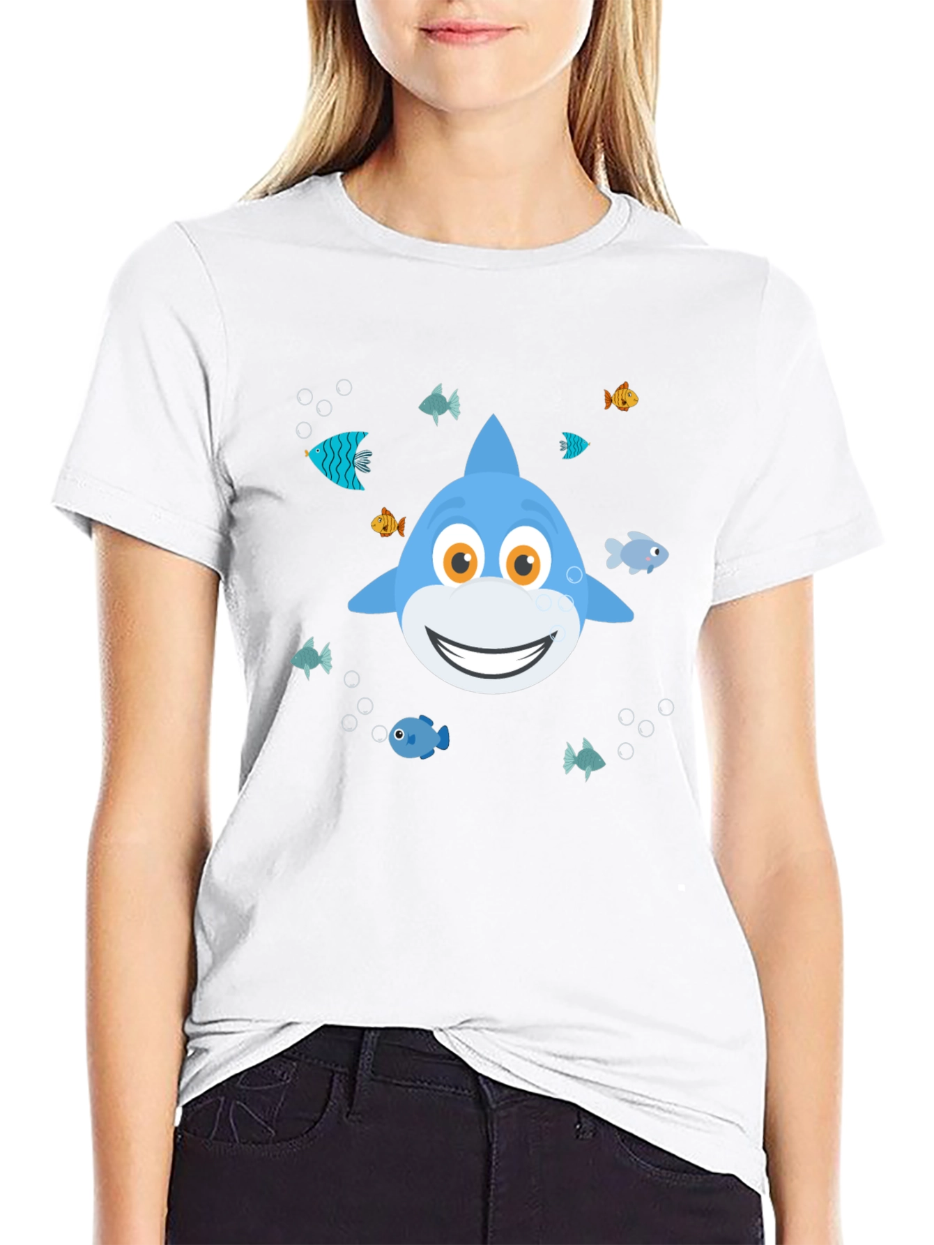 Cute Cartoon Shark Graphic T-Shirt - Black