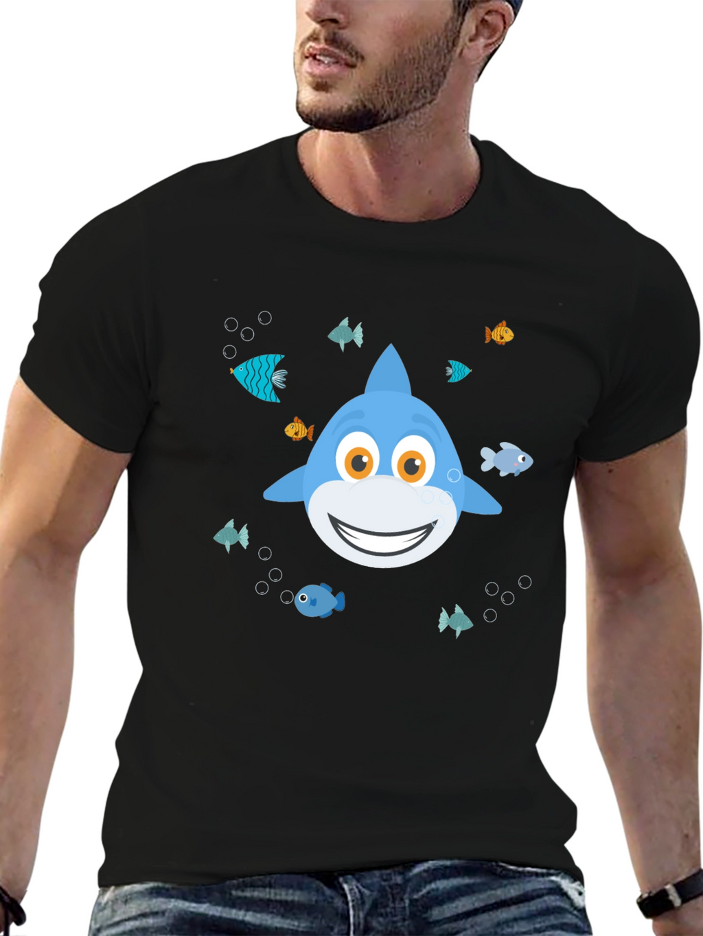 Cute Cartoon Shark Graphic T-Shirt - Black