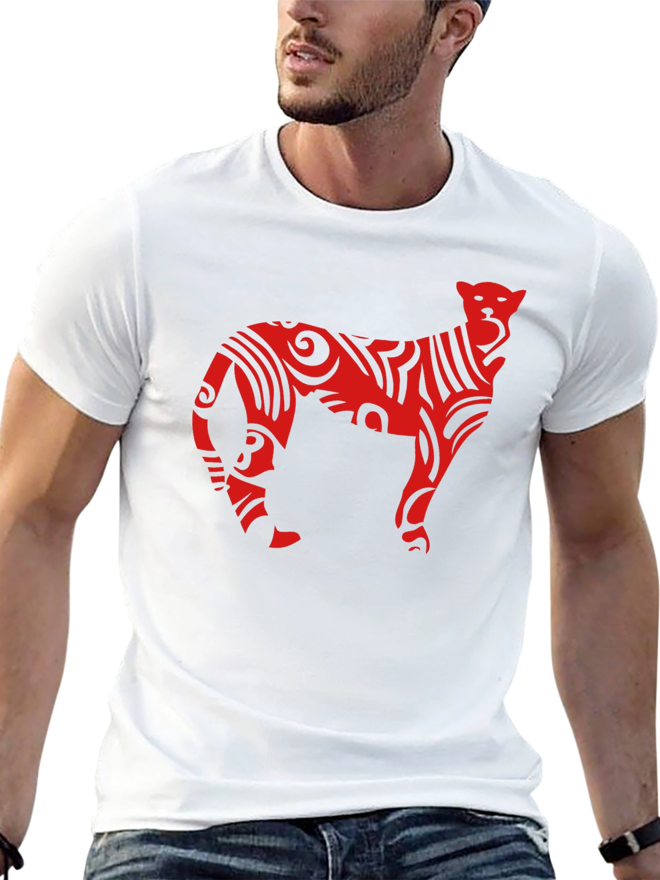 Tribal Cat Graphic Tee - Black Cotton