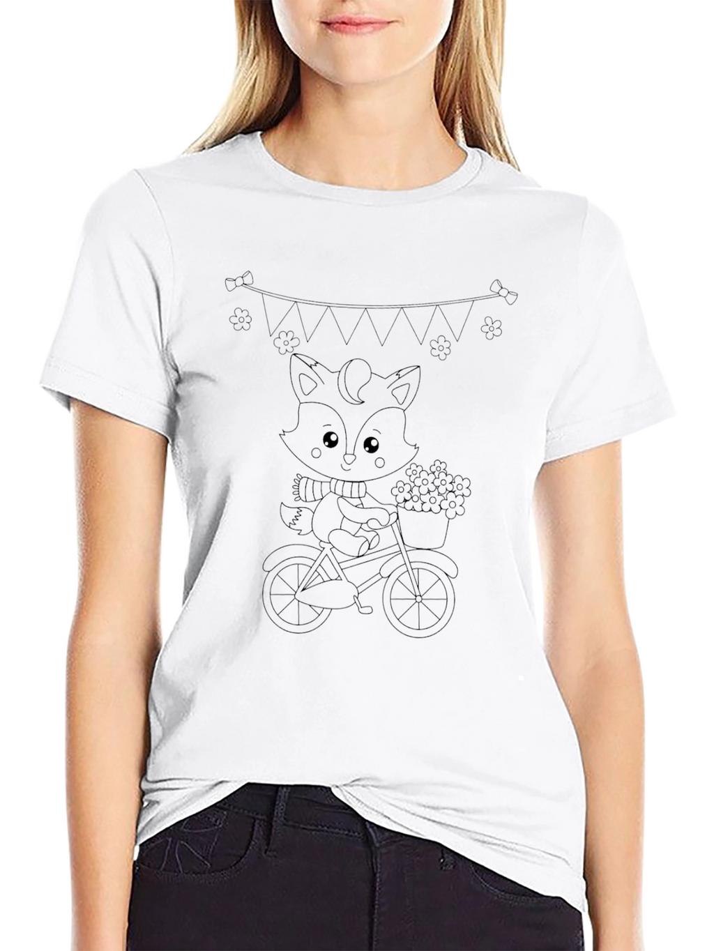 Cute Fox on Bike Black T-Shirt