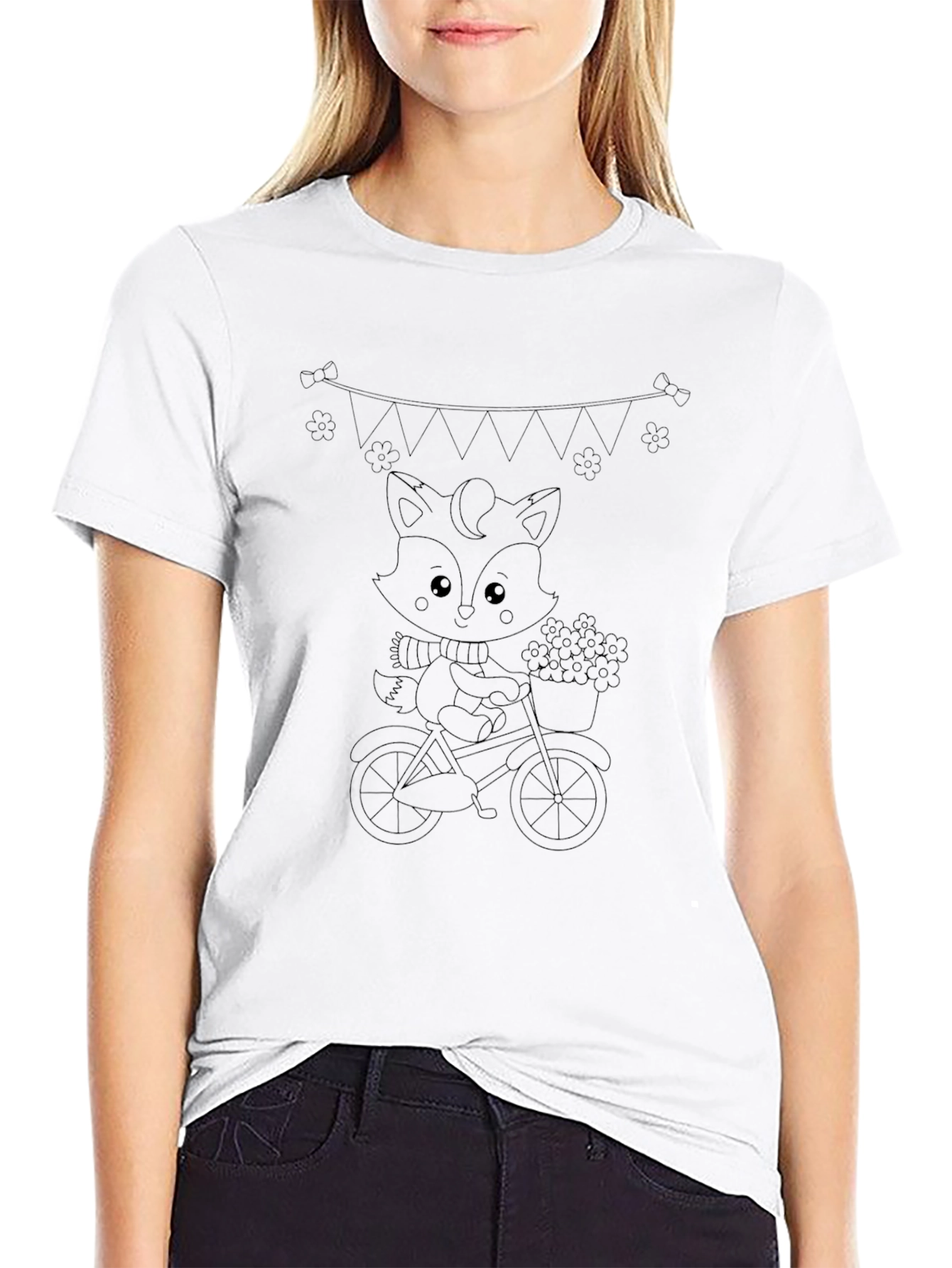 Cute Fox on Bike Black T-Shirt