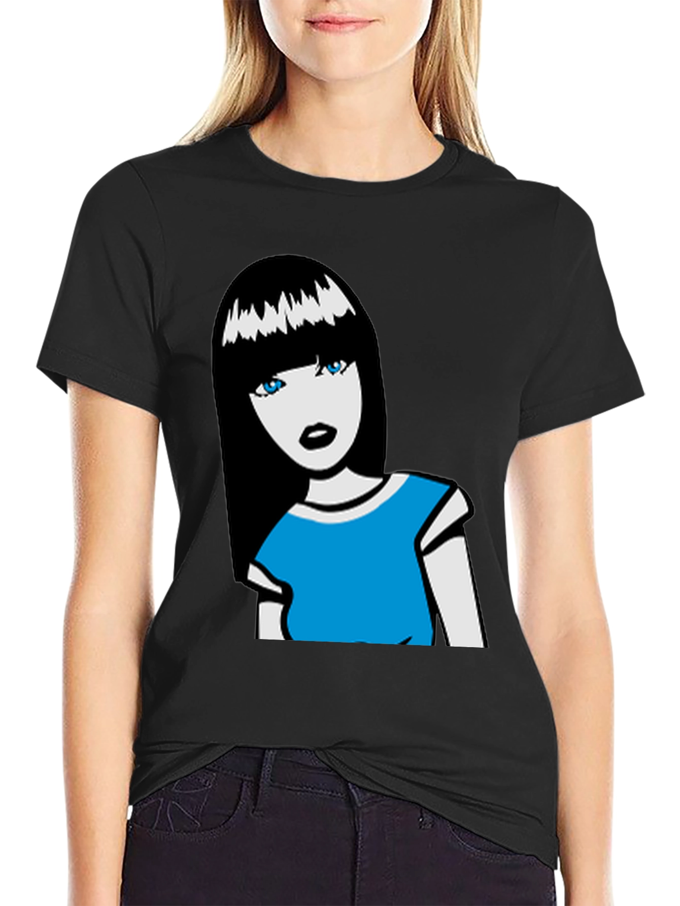 Cartoon Girl Graphic Tee - Black