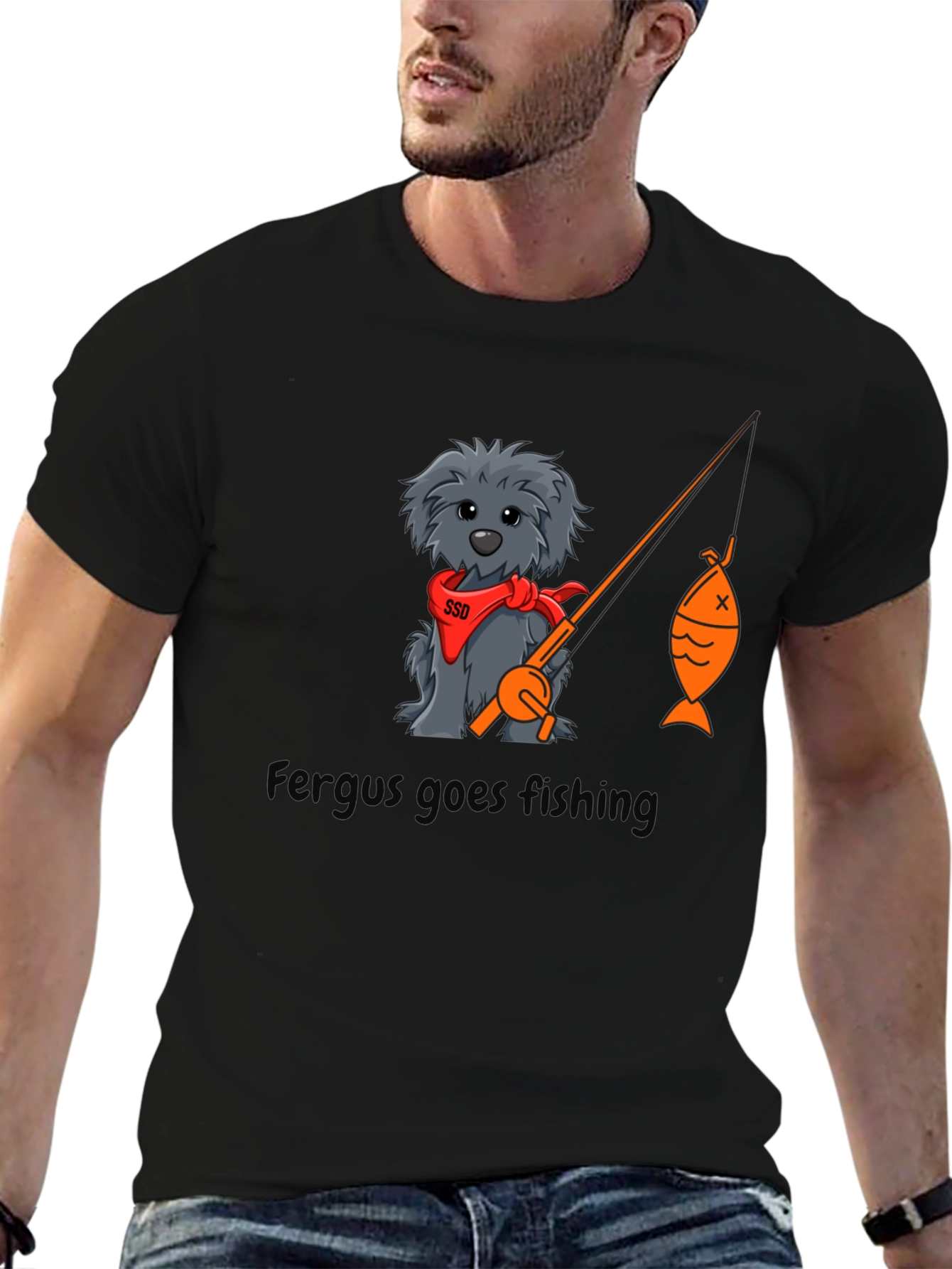 Fergus Goes Fishing Black T-Shirt