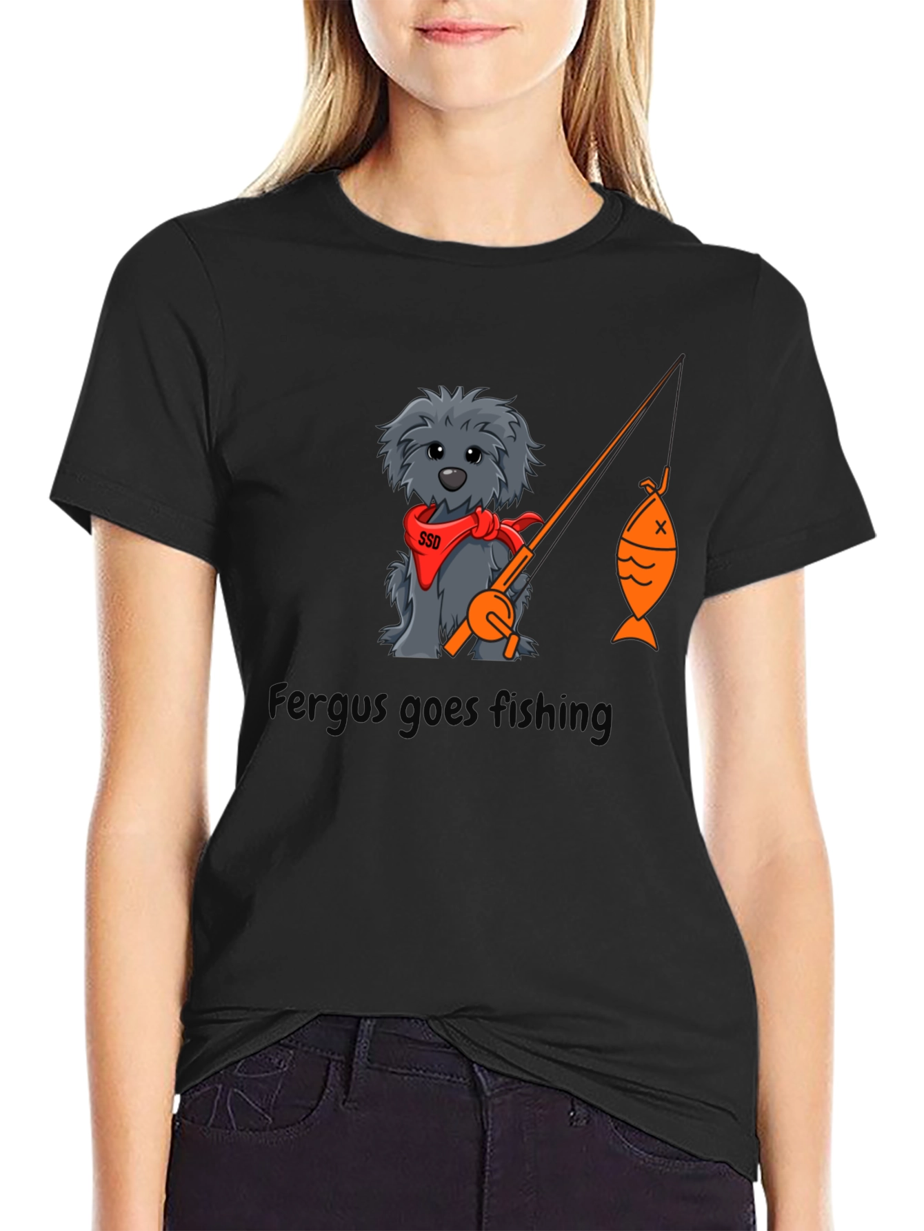 Fergus Goes Fishing Black T-Shirt