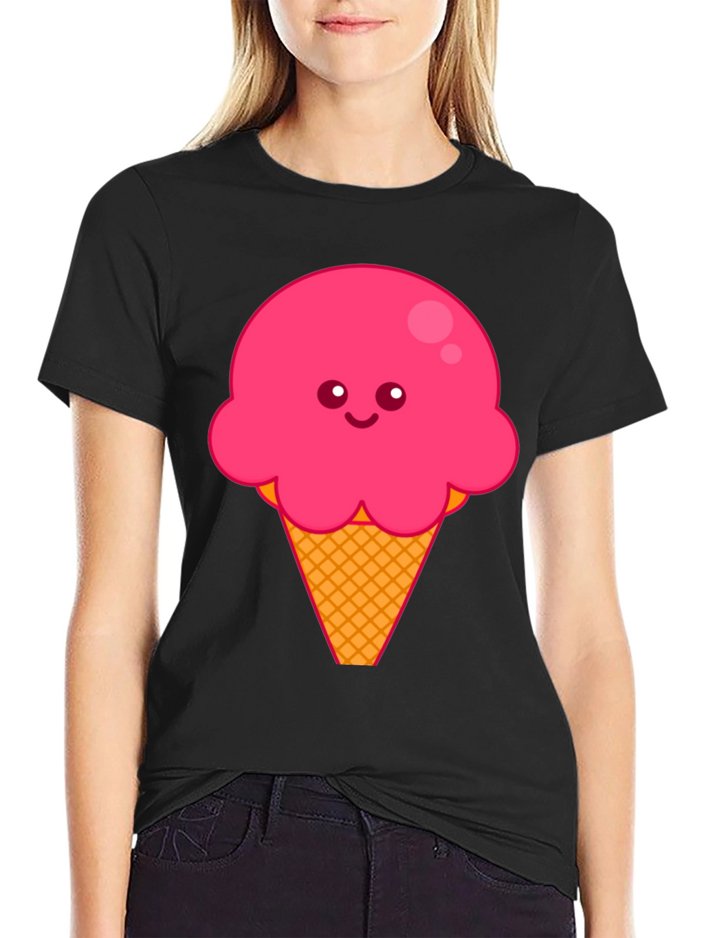 Cute Ice Cream Graphic Tee - Black Cotton T-Shirt