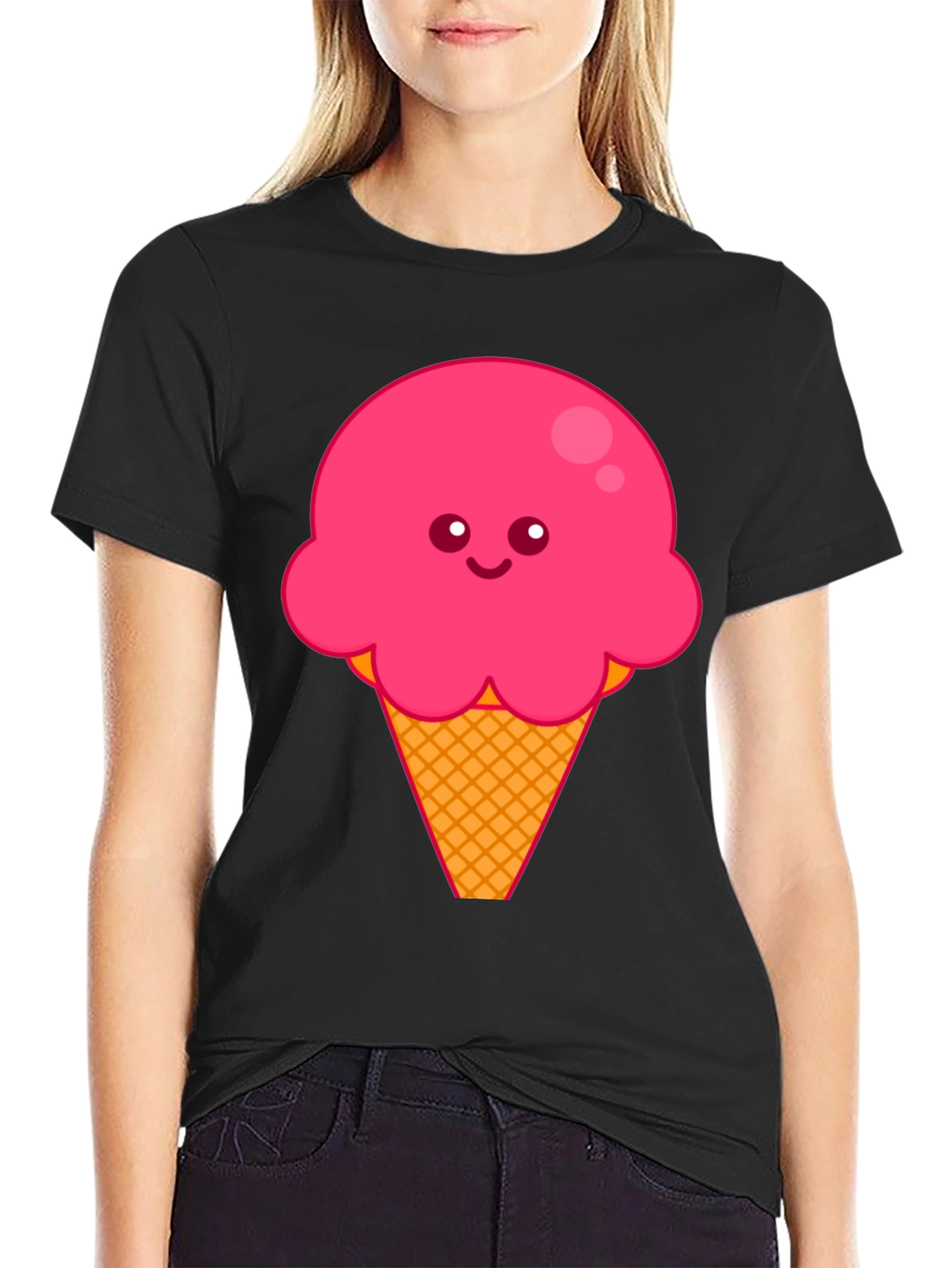 Cute Ice Cream Graphic Tee - Black Cotton T-Shirt