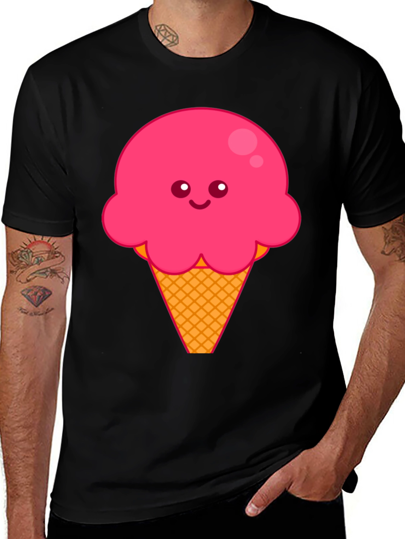 Cute Ice Cream Graphic Tee - Black Cotton T-Shirt