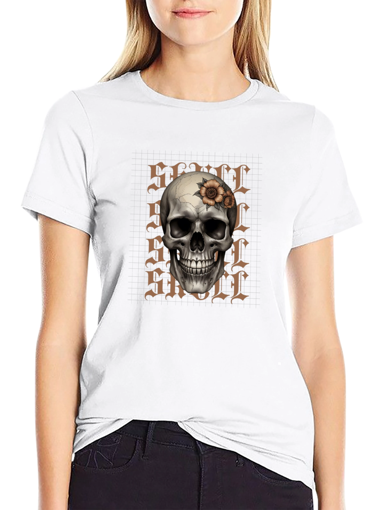 Skull and Flower Graphic Print T-Shirt