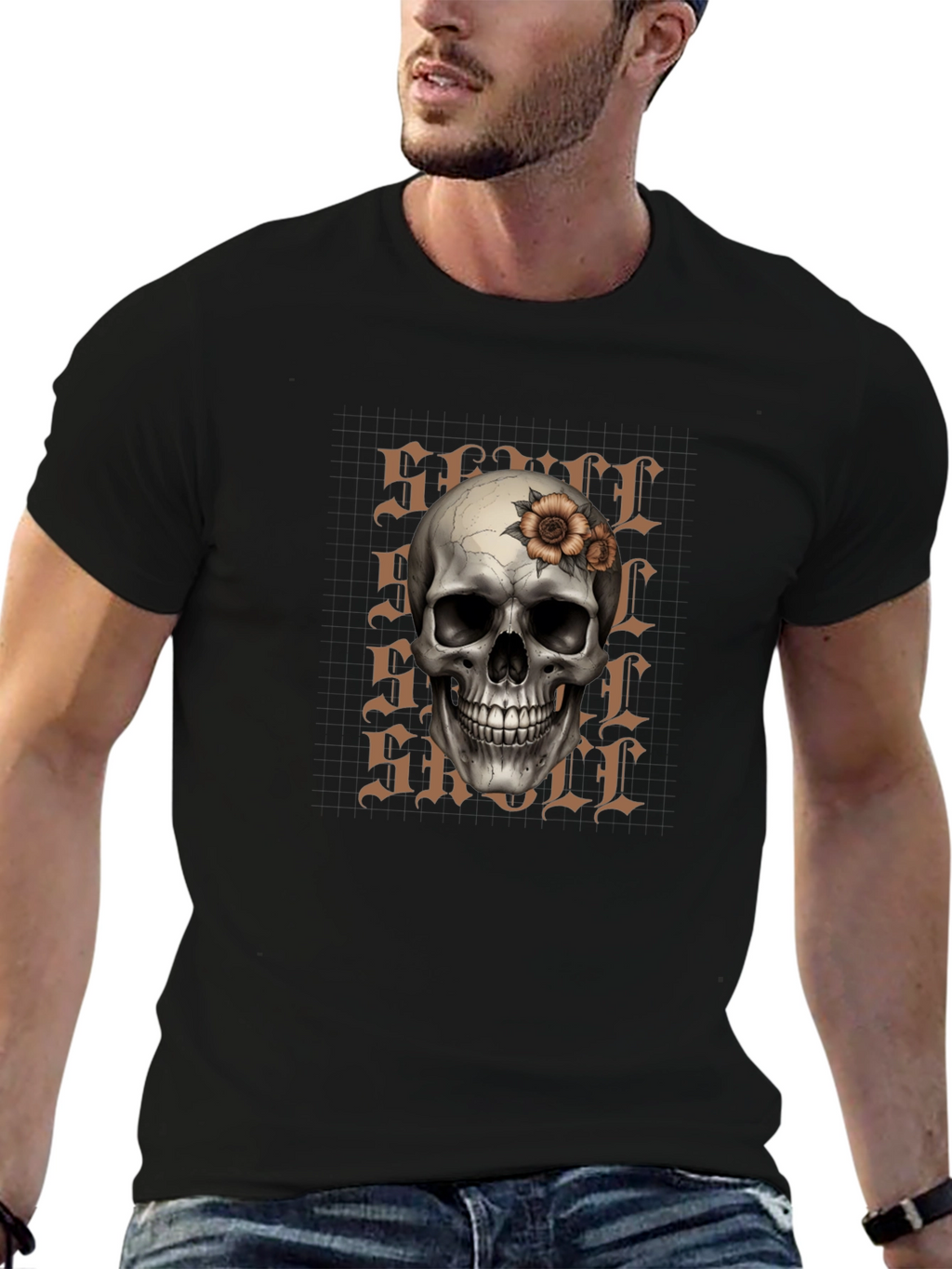 Skull and Flower Graphic Print T-Shirt