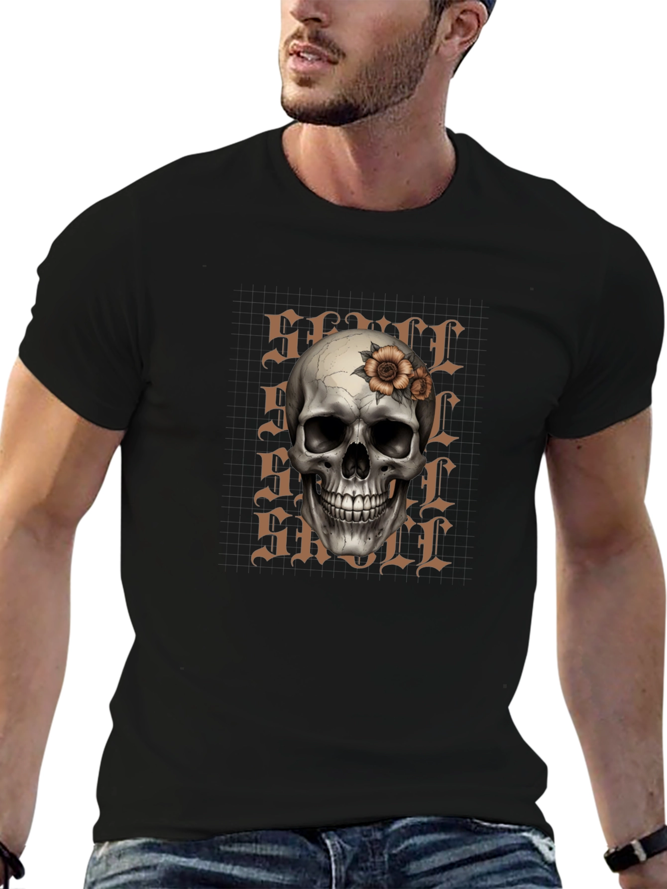 Skull and Flower Graphic Print T-Shirt