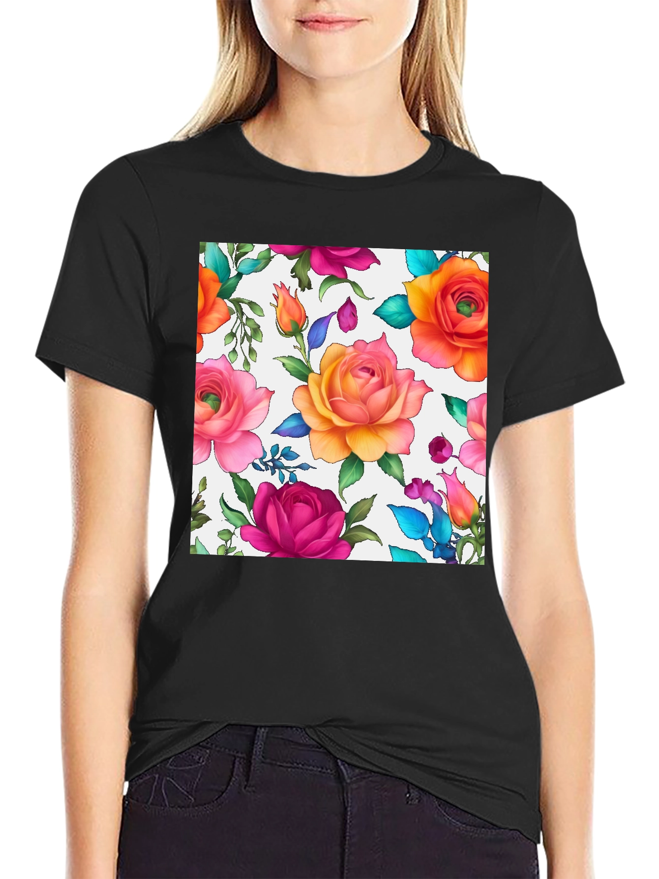 Floral Rose Print Black T-Shirt
