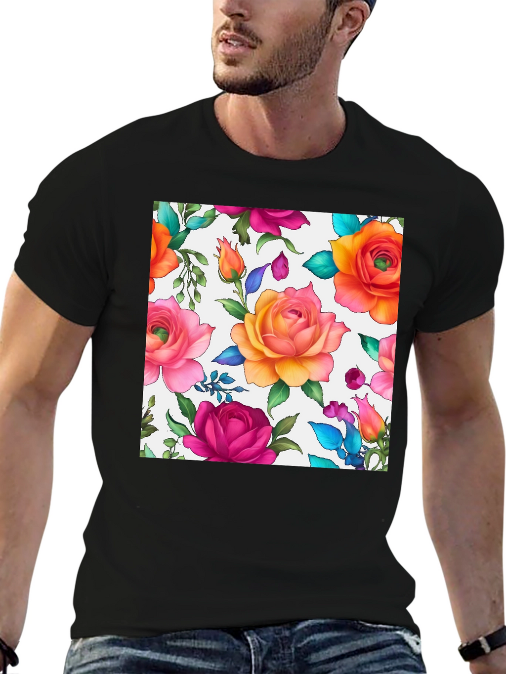 Floral Rose Print Black T-Shirt