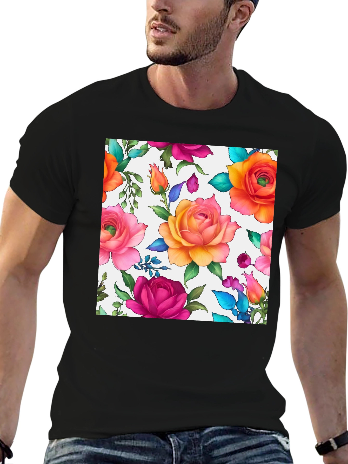 Floral Rose Print Black T-Shirt