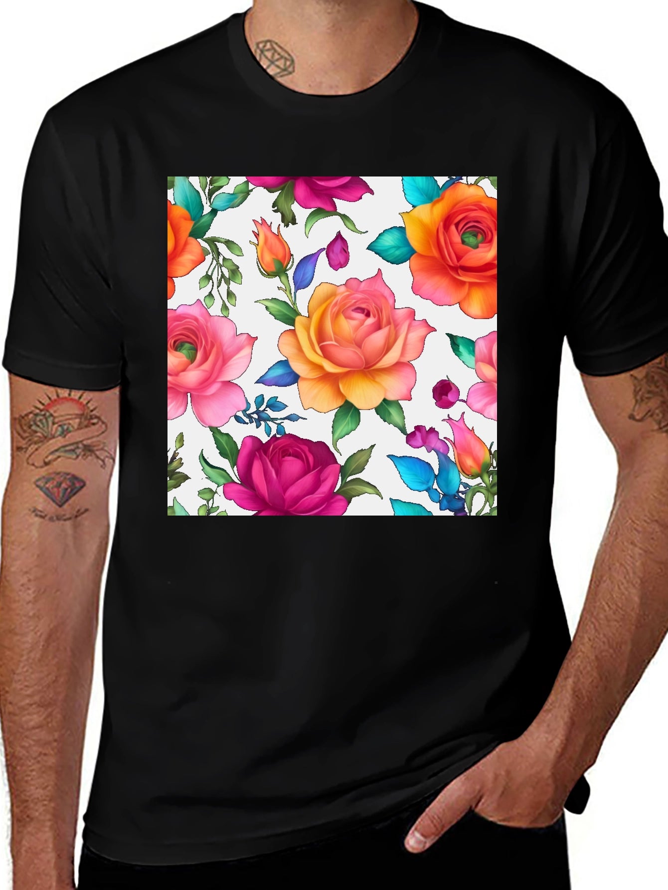 Floral Rose Print Black T-Shirt