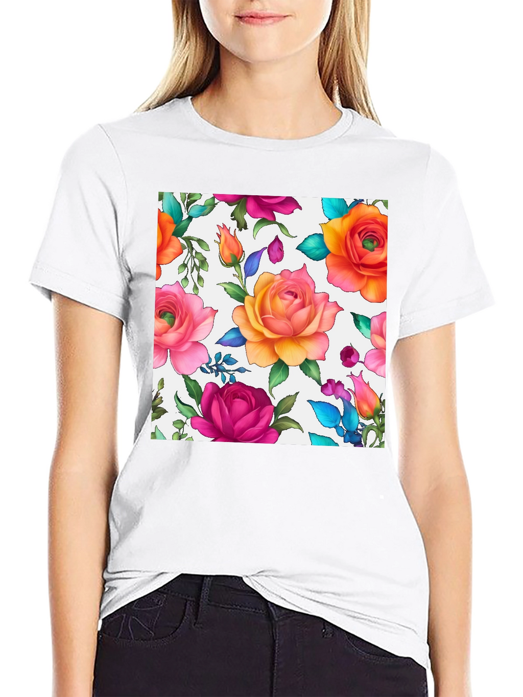 Floral Rose Print Black T-Shirt