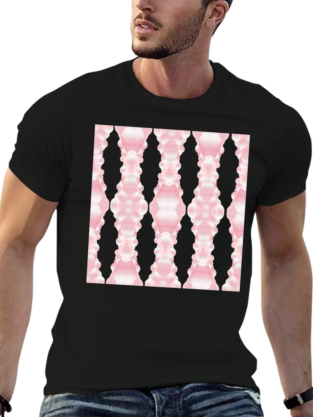 Modern Pink Cloud Pattern Black T-Shirt