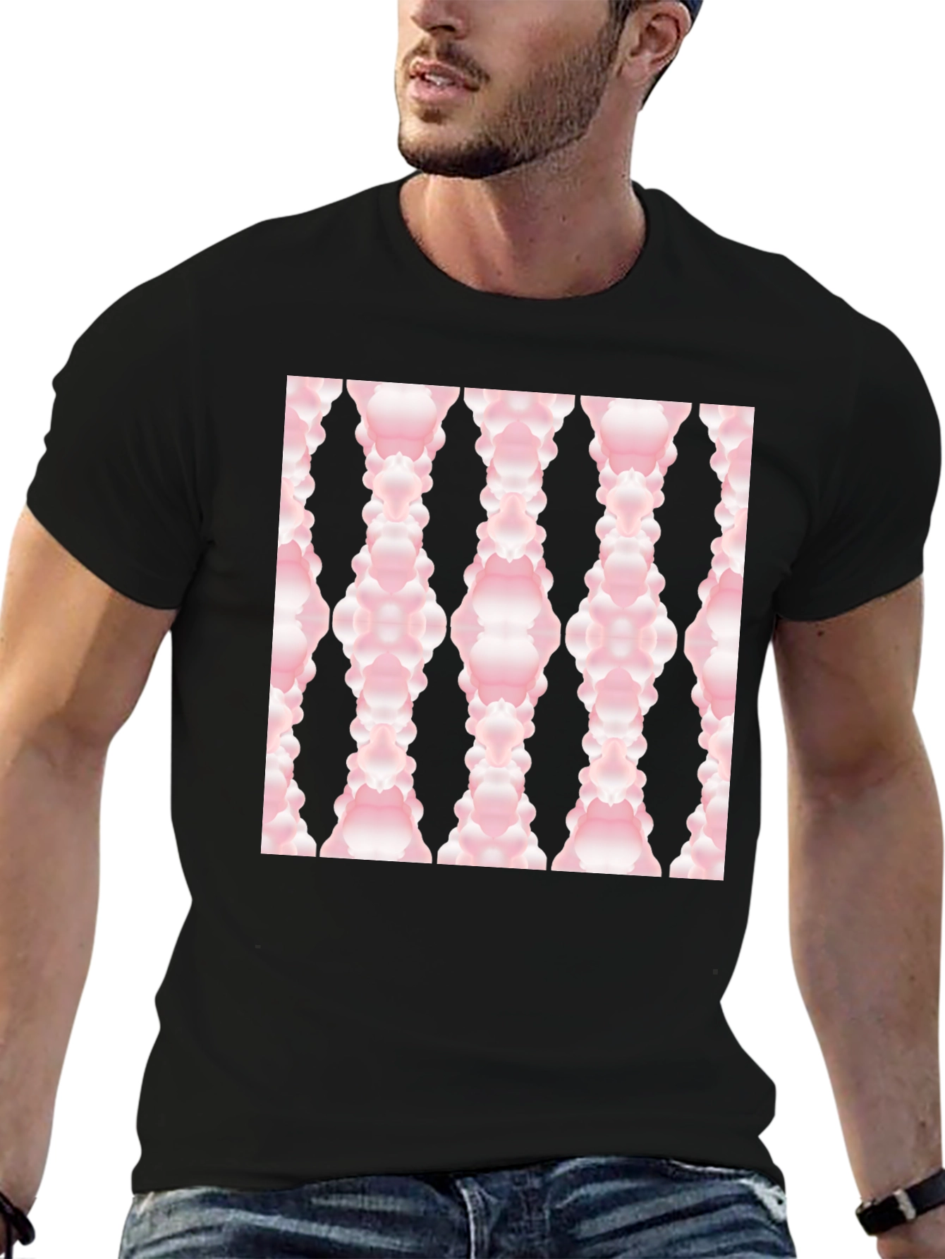 Modern Pink Cloud Pattern Black T-Shirt