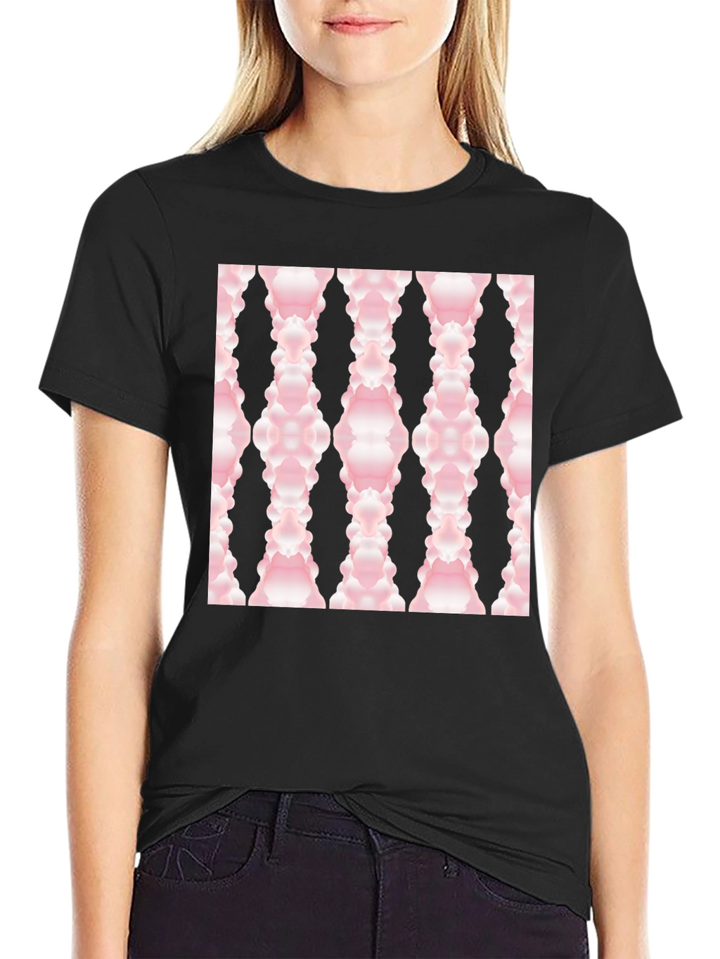 Modern Pink Cloud Pattern Black T-Shirt
