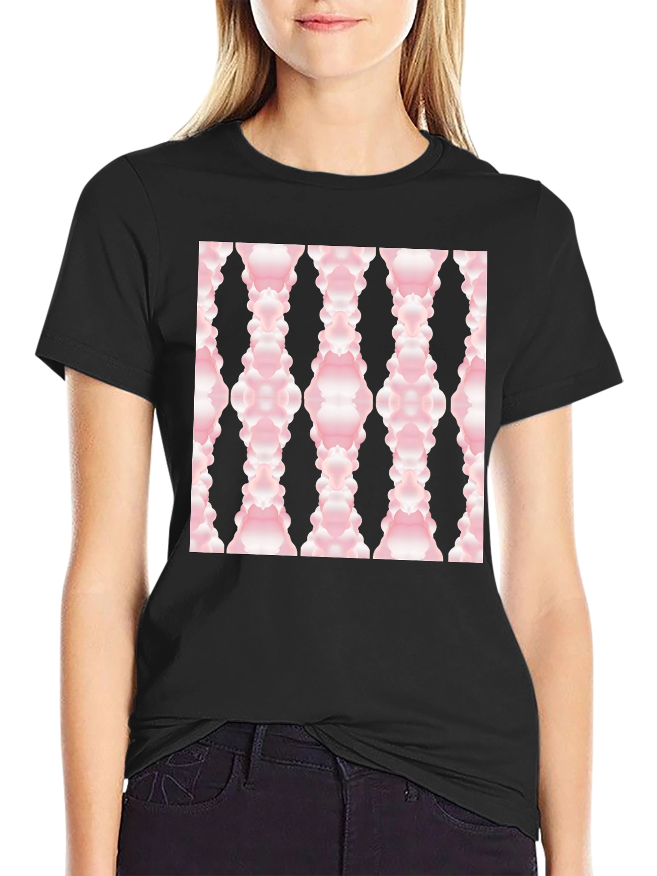 Modern Pink Cloud Pattern Black T-Shirt
