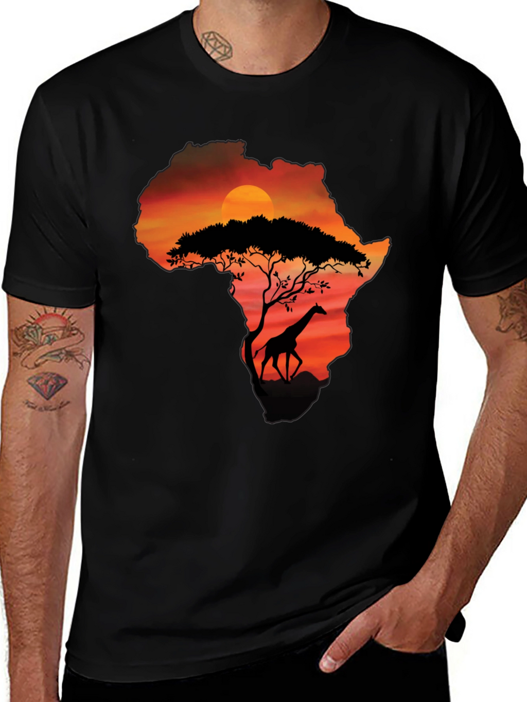 African Sunset Giraffe Graphic Tee - Black