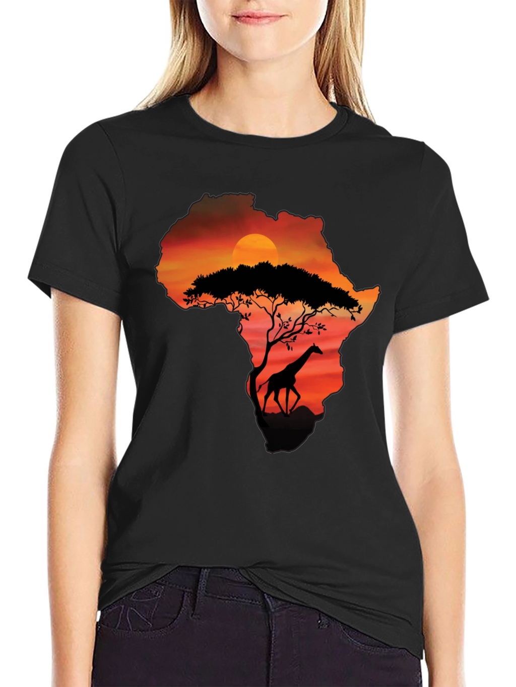 African Sunset Giraffe Graphic Tee - Black