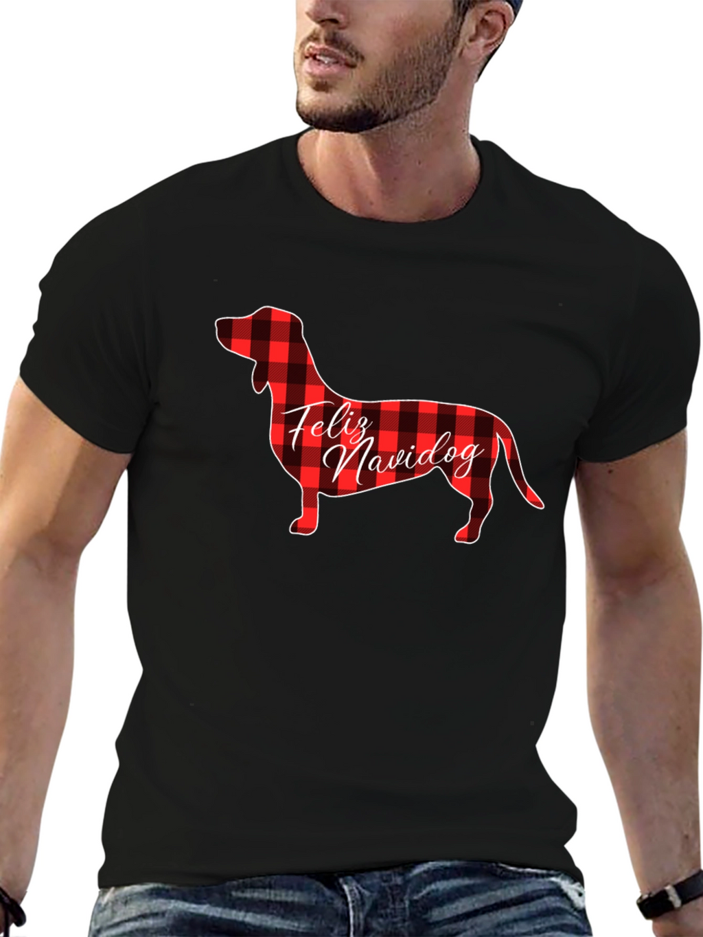Feliz Navidog Plaid Dachshund Black T-Shirt