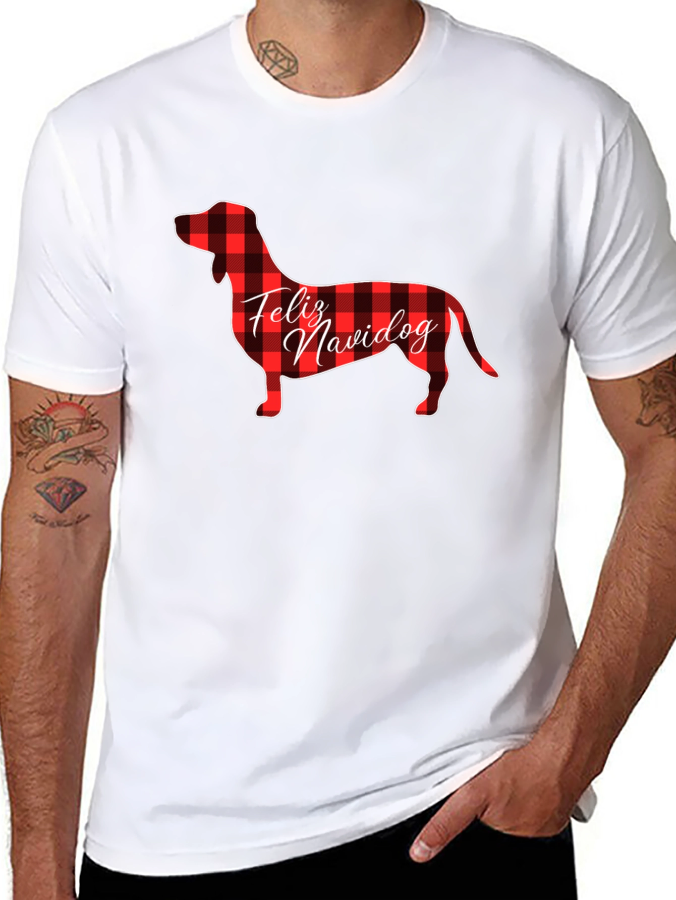 Feliz Navidog Plaid Dachshund Black T-Shirt