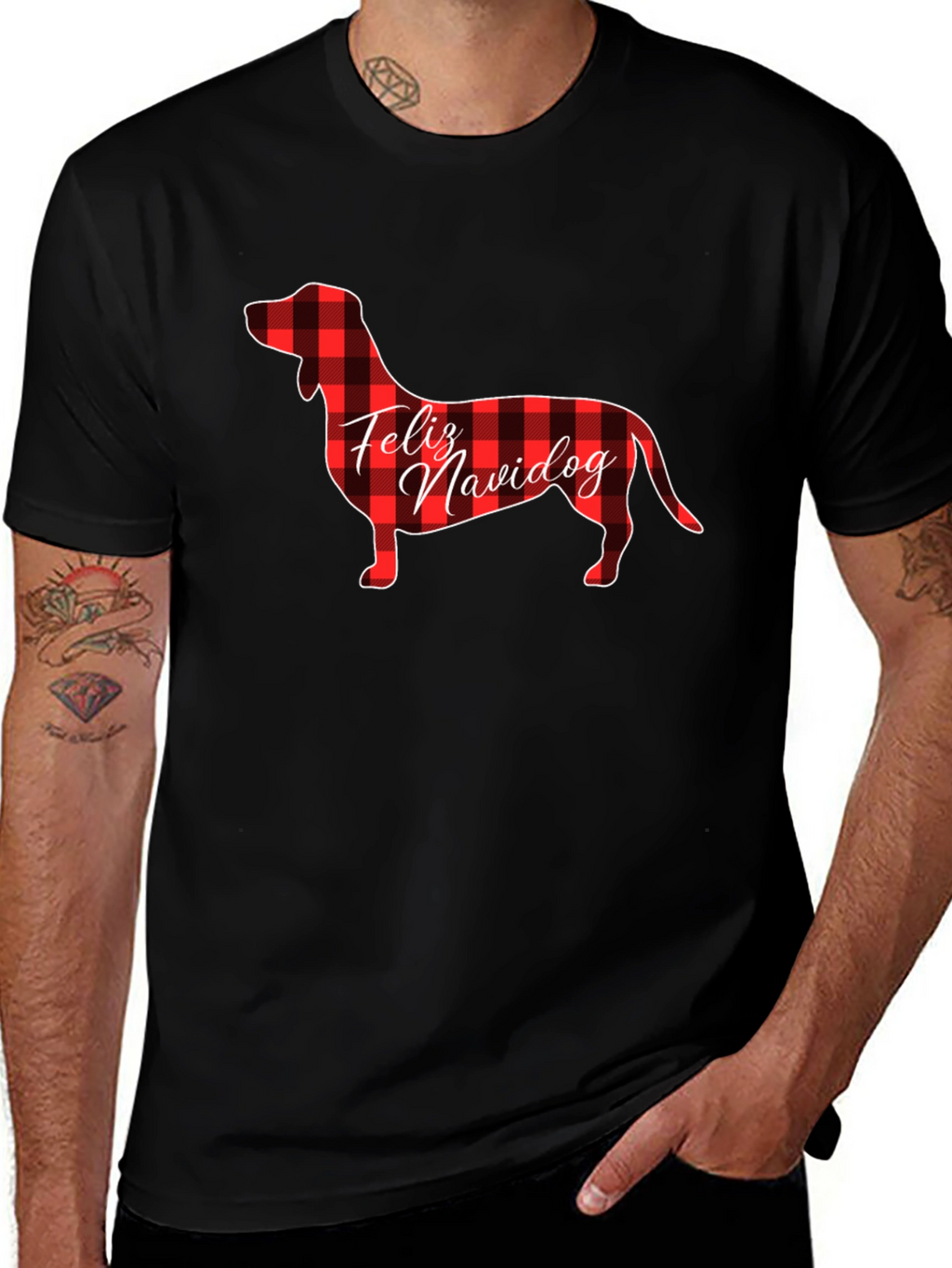 Feliz Navidog Plaid Dachshund Black T-Shirt