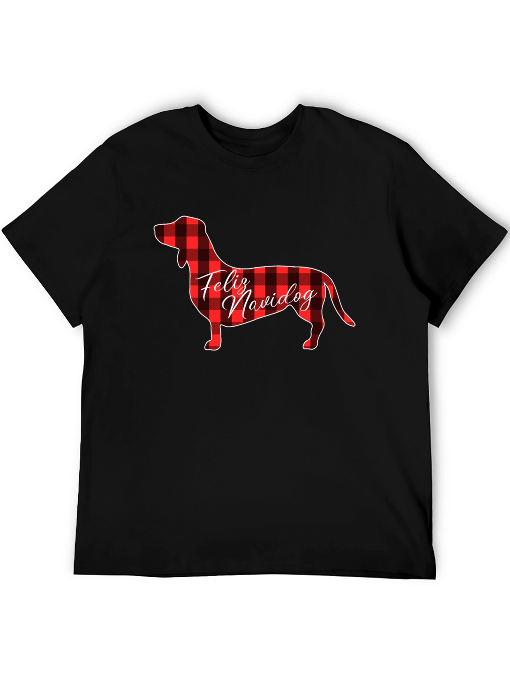 Feliz Navidog Plaid Dachshund Black T-Shirt