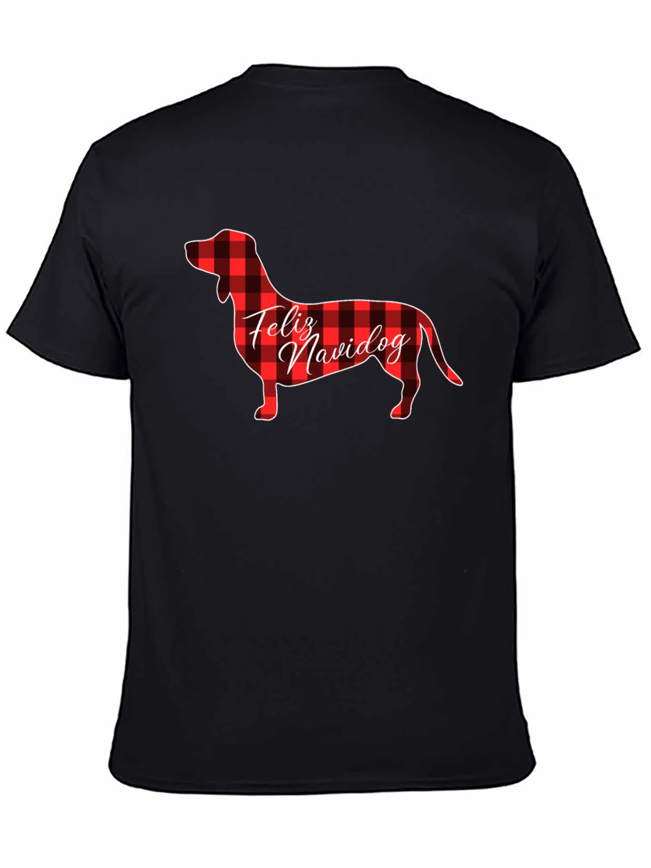 Feliz Navidog Plaid Dachshund Black T-Shirt