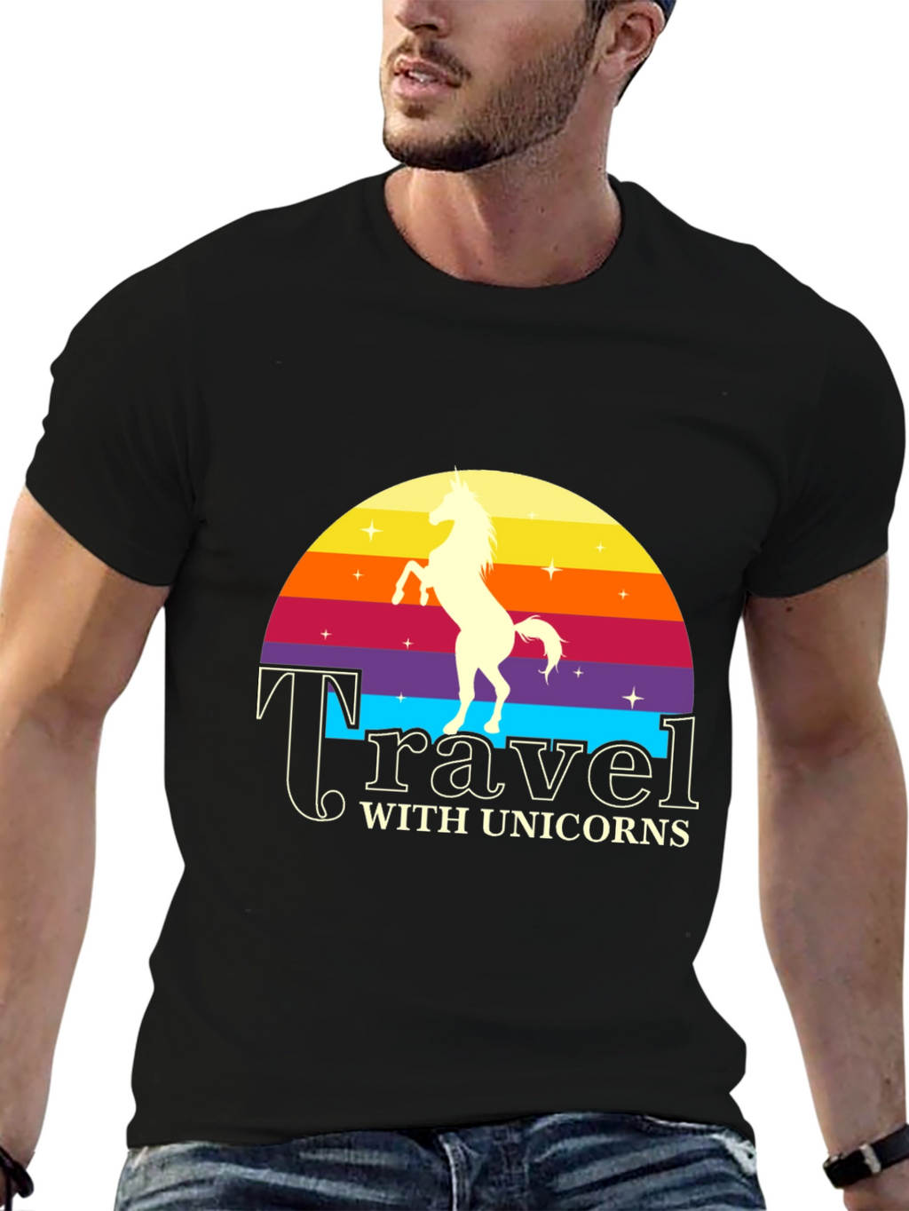 Travel with Unicorns Black Graphic T-Shirt
