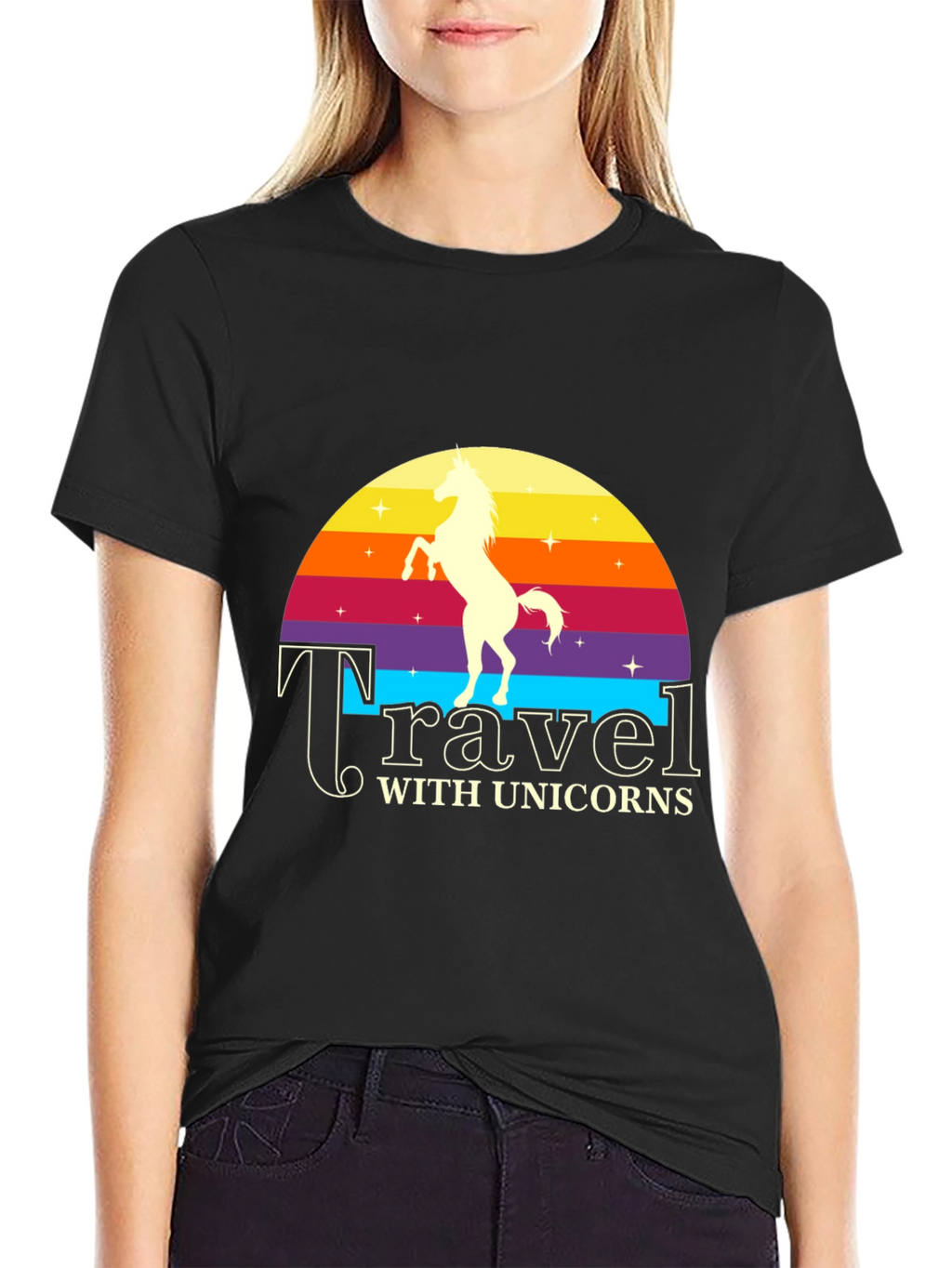 Travel with Unicorns Black Graphic T-Shirt
