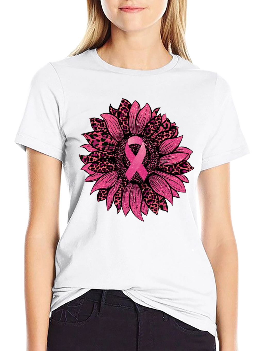 Pink Ribbon Sunflower Breast Cancer Awareness T-Shirt