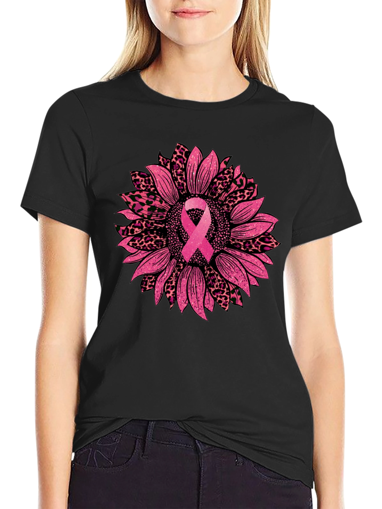 Pink Ribbon Sunflower Breast Cancer Awareness T-Shirt