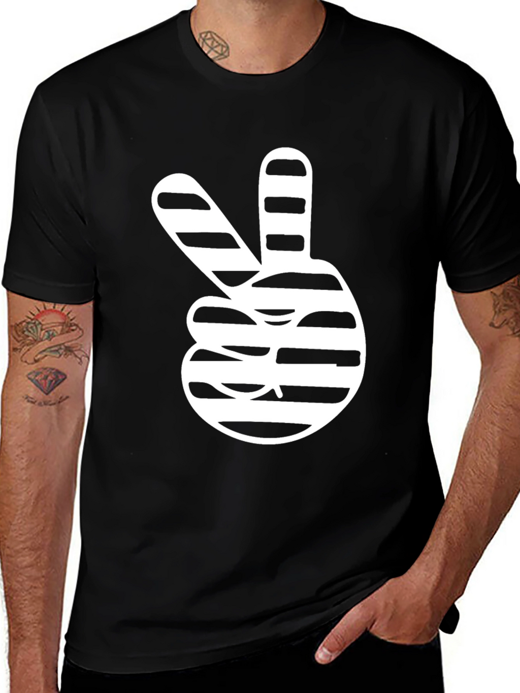 Peace Sign Striped Graphic Tee - Stylish Black T-Shirt