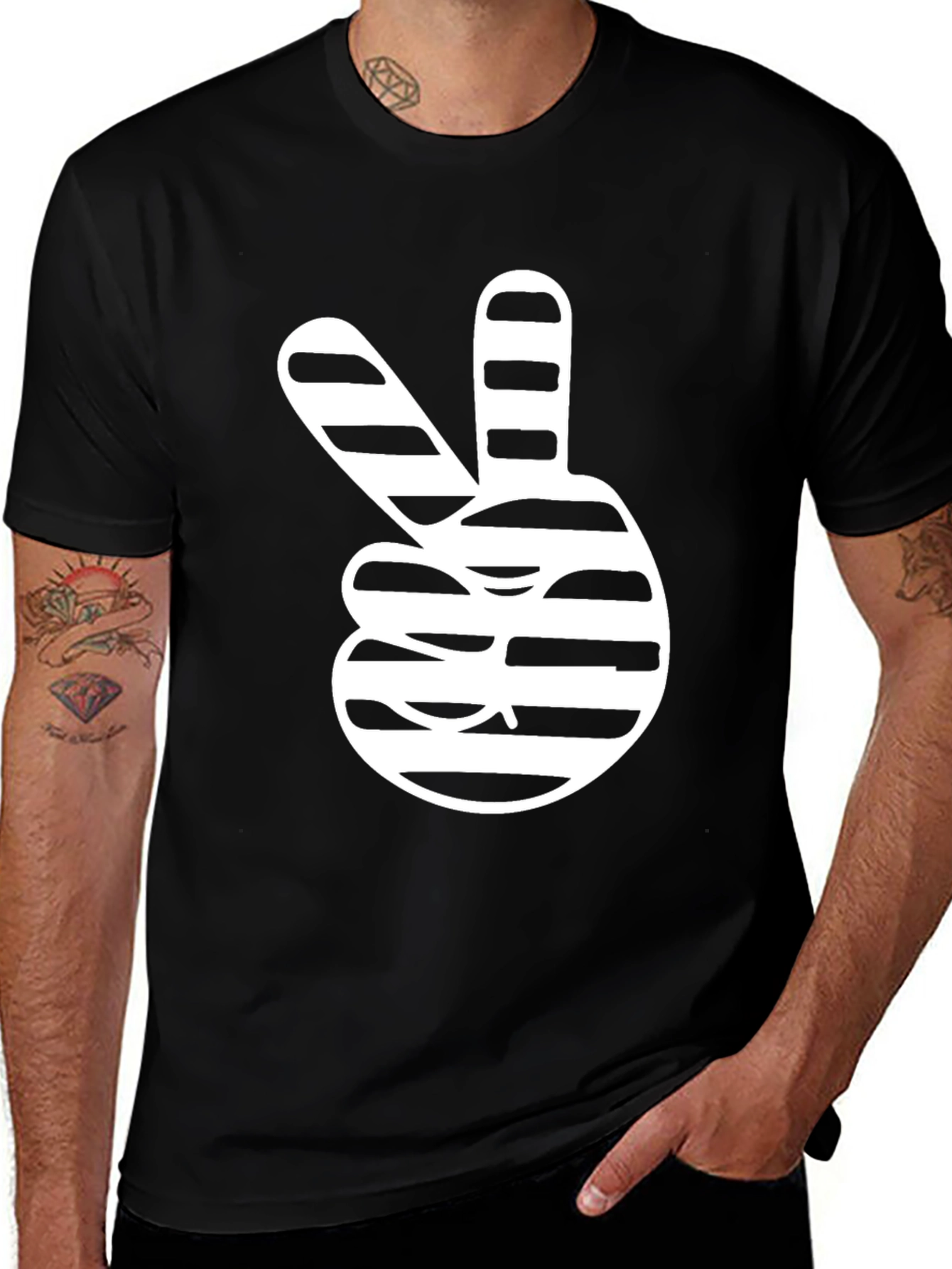 Peace Sign Striped Graphic Tee - Stylish Black T-Shirt