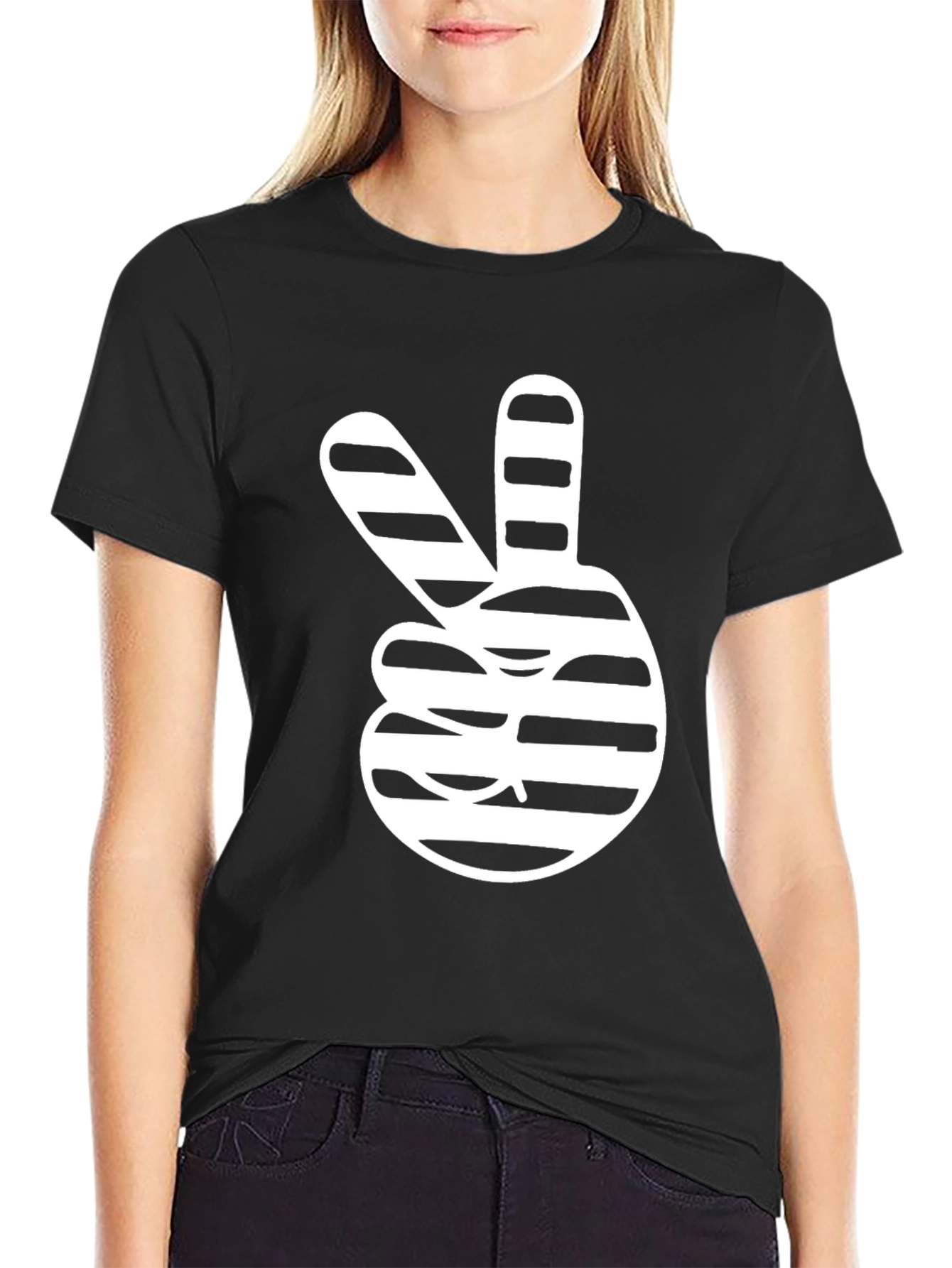 Peace Sign Striped Graphic Tee - Stylish Black T-Shirt