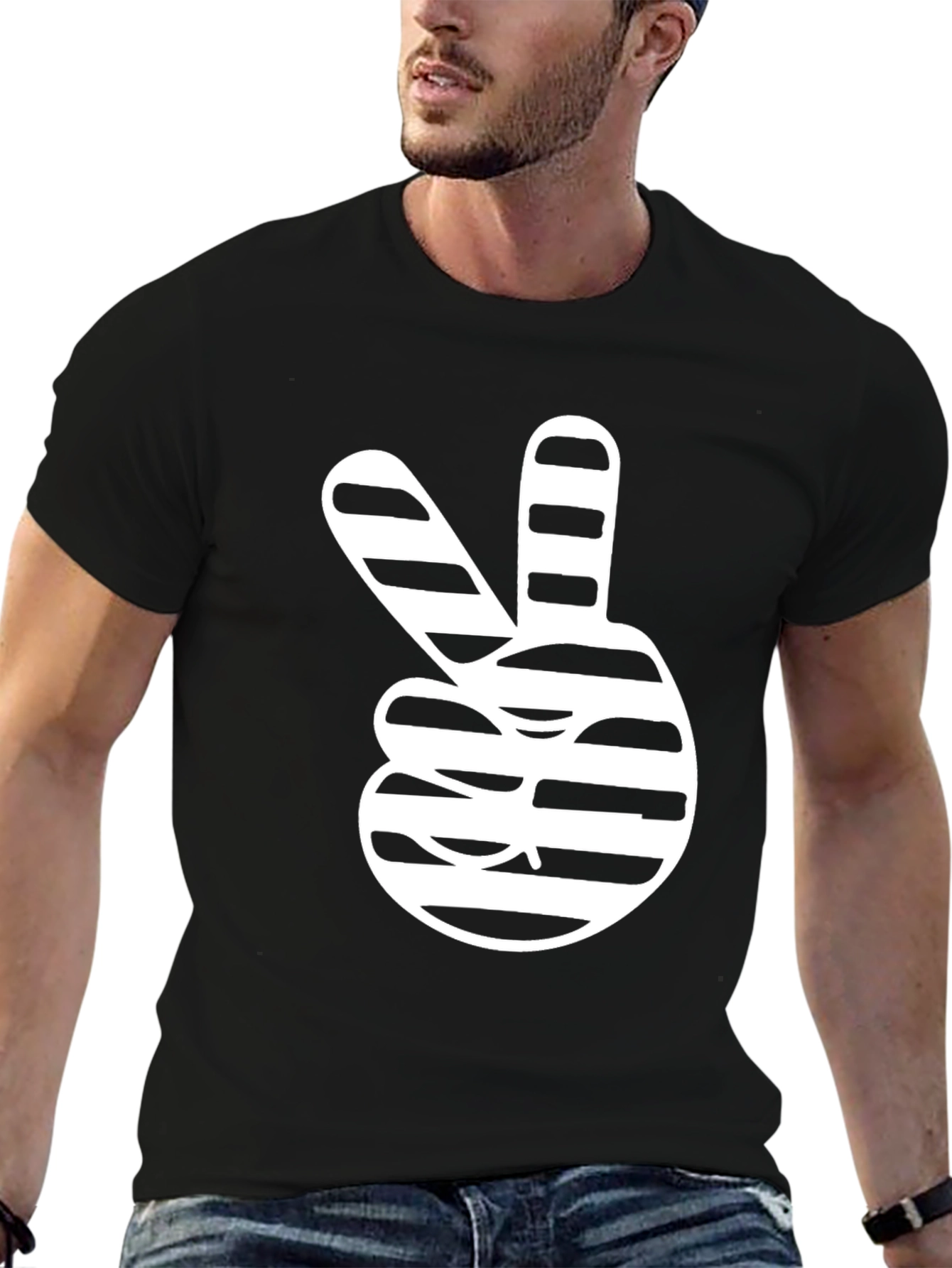 Peace Sign Striped Graphic Tee - Stylish Black T-Shirt