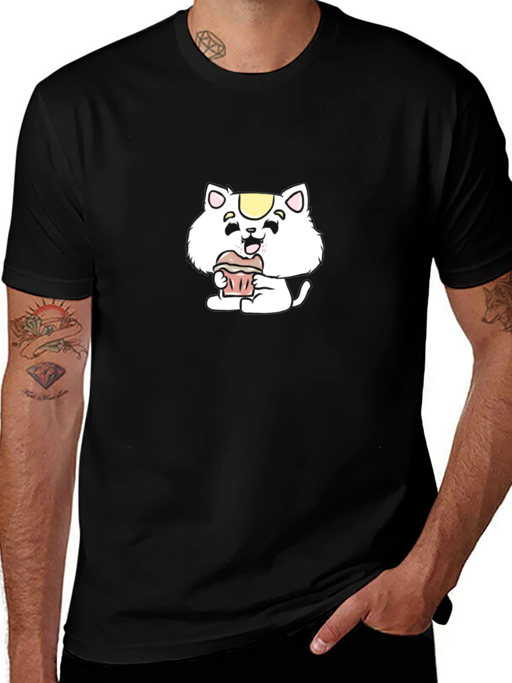 Cute Cartoon Cat Cupcake Black T-Shirt