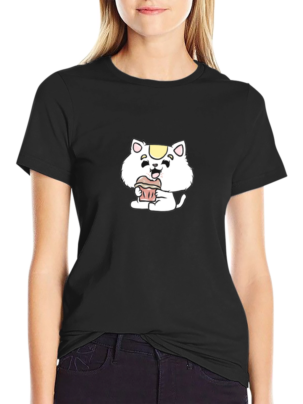 Cute Cartoon Cat Cupcake Black T-Shirt