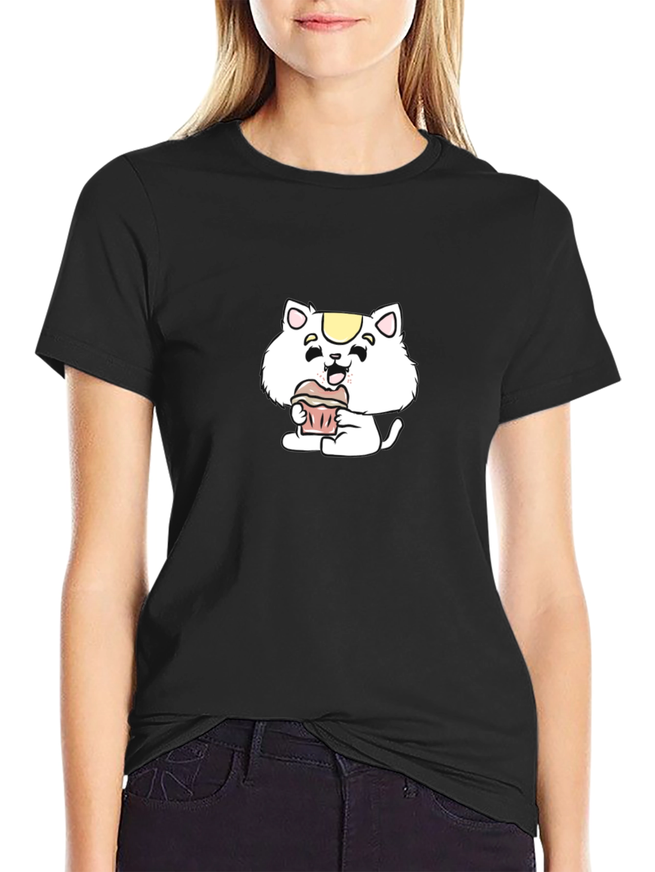 Cute Cartoon Cat Cupcake Black T-Shirt