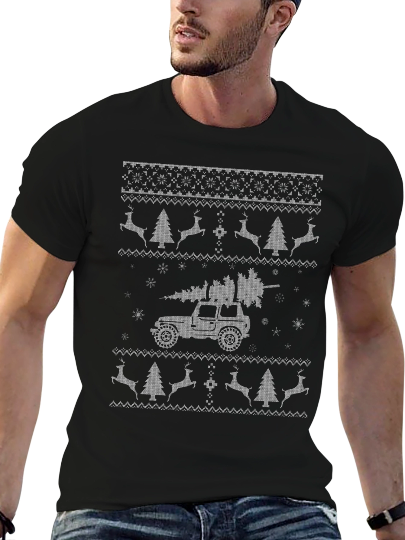 Christmas Jeep Ugly Sweater Style T-Shirt