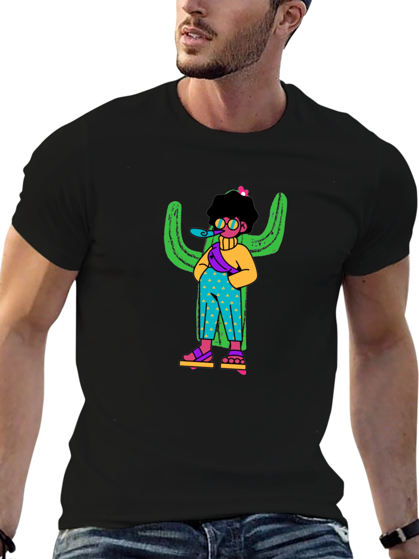 Quirky Cactus Character Black T-Shirt