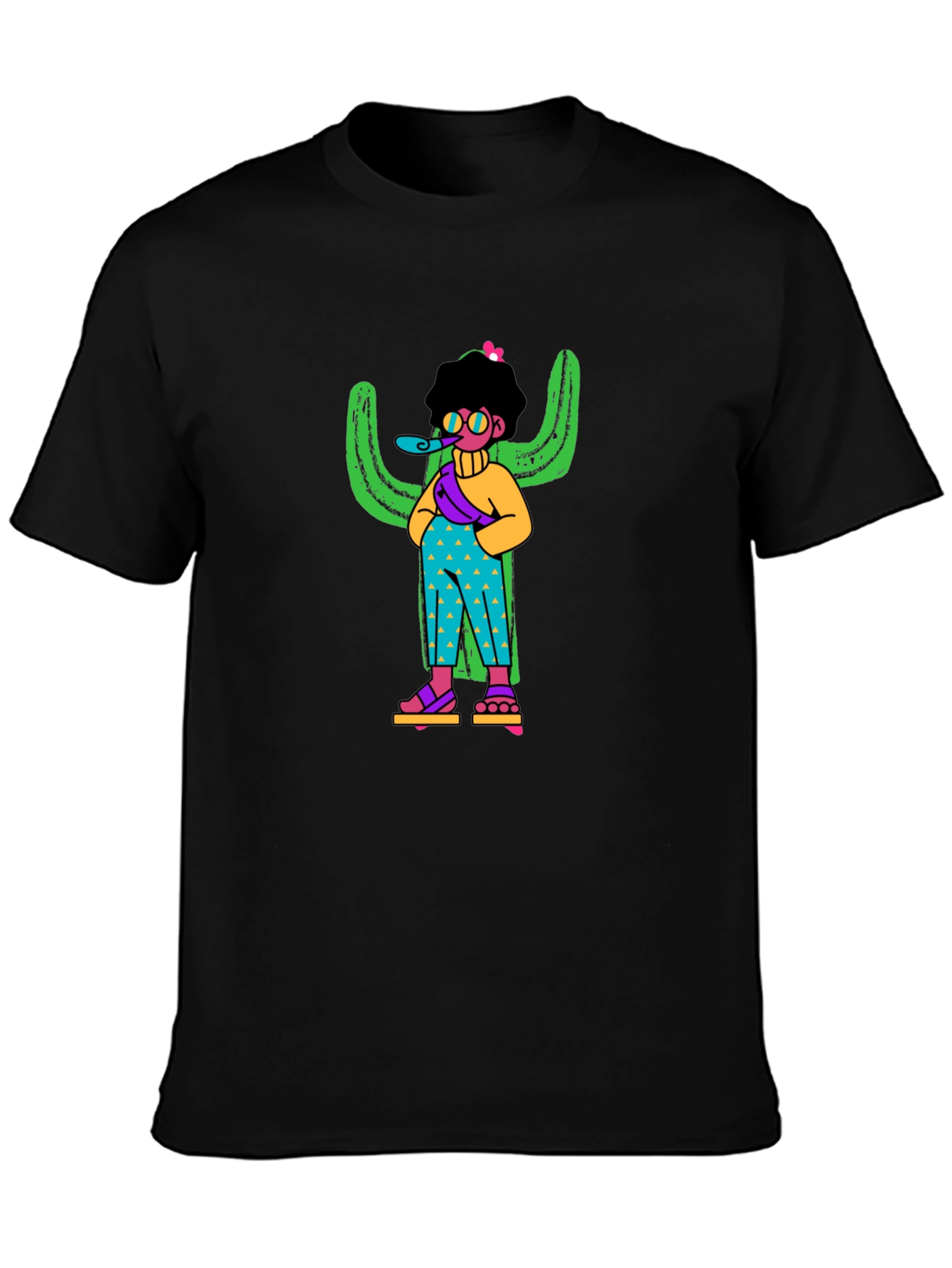 Quirky Cactus Character Black T-Shirt