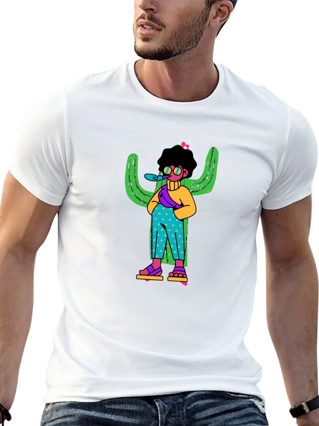Quirky Cactus Character Black T-Shirt