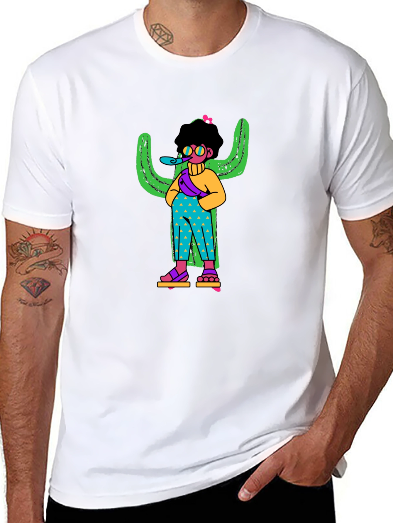 Quirky Cactus Character Black T-Shirt