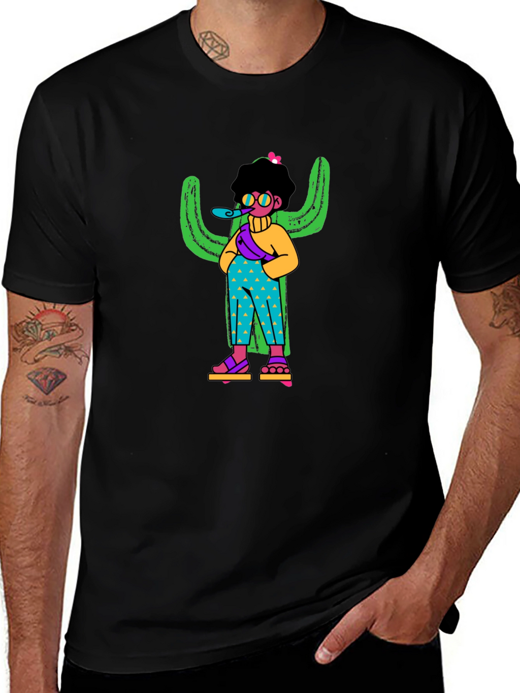 Quirky Cactus Character Black T-Shirt