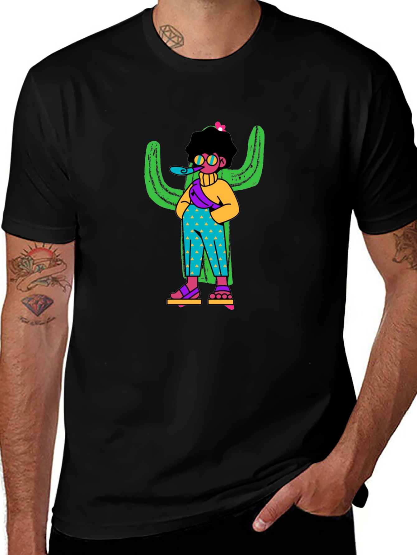 Quirky Cactus Character Black T-Shirt
