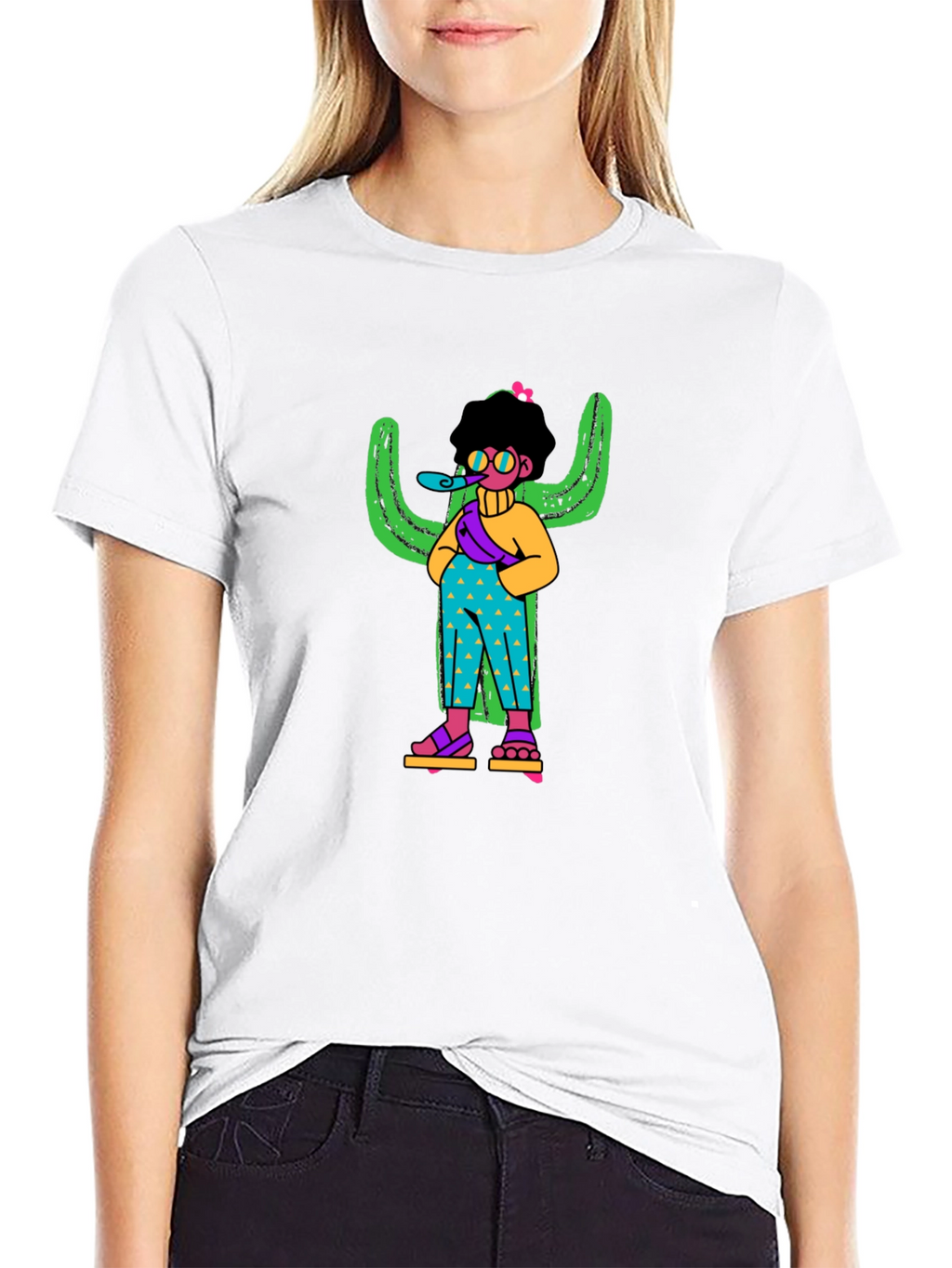 Quirky Cactus Character Black T-Shirt